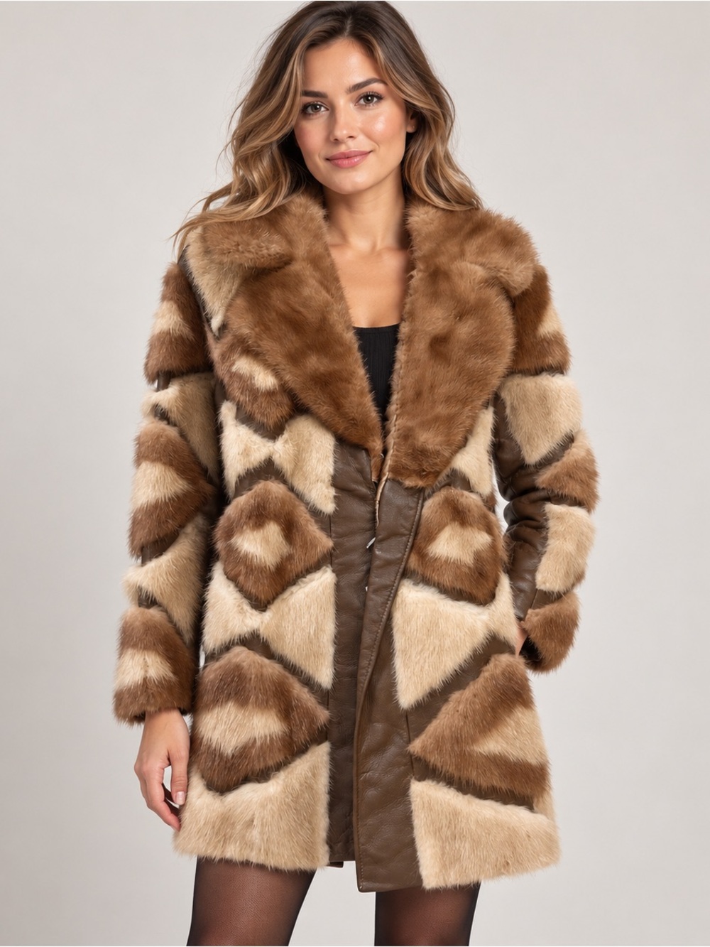 VTG Luxury Brown beige Patchwork Fur mink /leather Coat mob-wife S/M ? As is